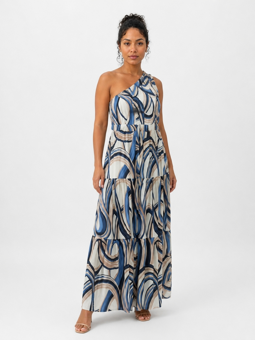 Ocean Wave One-Shoulder Tiered Maxi Dress