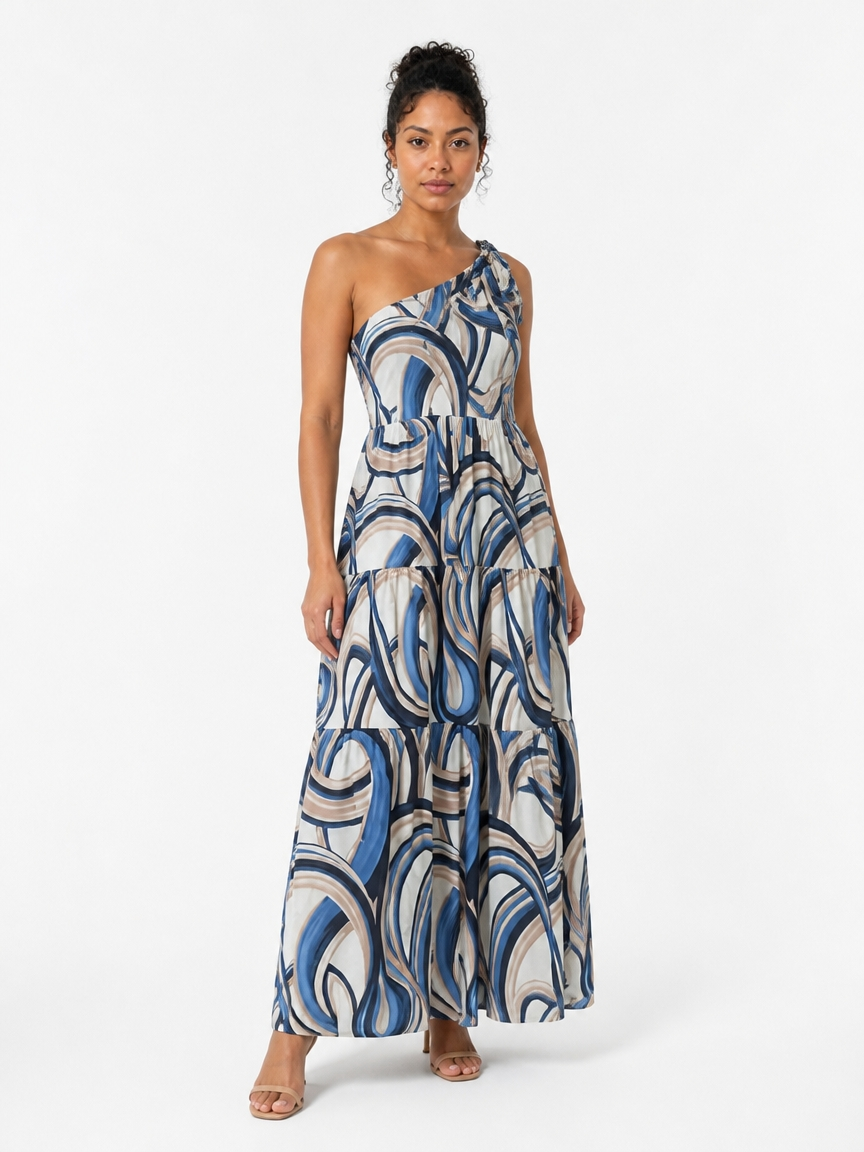 Ocean Wave One-Shoulder Tiered Maxi Dress