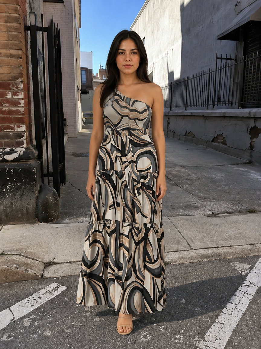 Ocean Wave One-Shoulder Tiered Maxi Dress