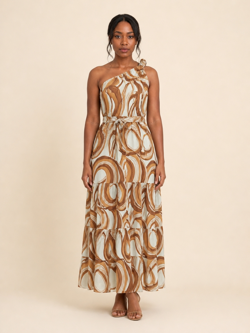 Ocean Wave One-Shoulder Tiered Maxi Dress