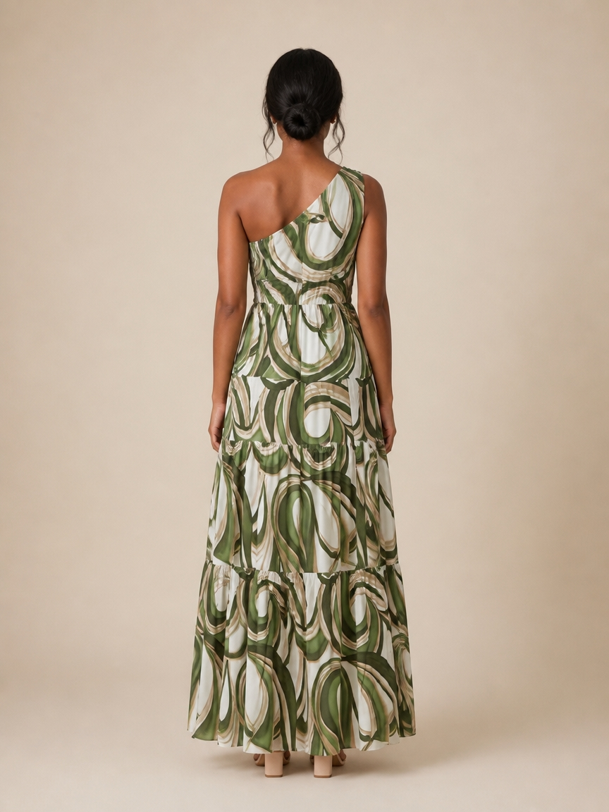 Ocean Wave One-Shoulder Tiered Maxi Dress